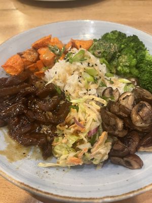 "Beef" mushroom bowl (delicious)  at Busboys and Poets - Shirlington in Arlington