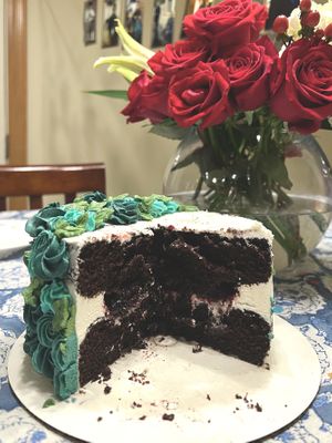 Vegan chocolate bourbon cake with spiked cherry compote in between the layers. YUM!!  #Veganuary at Ruthie Roux Bakery - Pop Up in Dayton