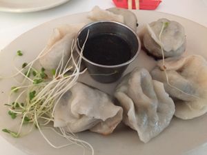 Dumplings - fresh and authentic - pan seared on the bottom at Peacefood Cafe - Downtown in New York City