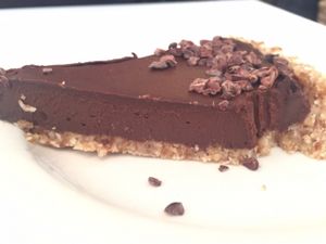raw cocao mousse pie slice: cocao, date, avocado mousse in a walnut coconut date crust. $8 at Peacefood Cafe - Downtown in New York City