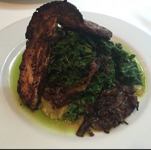 pan seared chicken filet with fava beans at Peacefood Cafe - Downtown in New York City