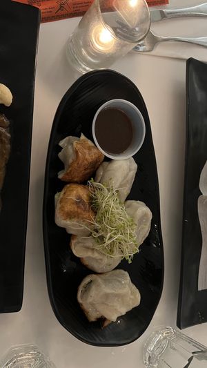 Pan fried dumplings   at Peacefood Cafe - Downtown in New York City