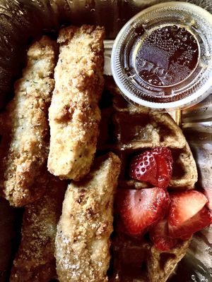 Chick’n & waffles, a fave  at Peacefood Cafe - Downtown in New York City