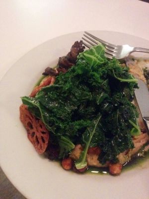 Grilled mushrooms,  lotus crisp, kale,  parsnip puree,  chickpeas,  delicious!  at Peacefood Cafe - Downtown in New York City