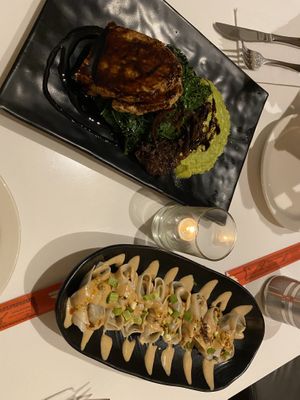 Plant steak and wontons  at Peacefood Cafe - Downtown in New York City