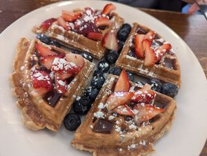 Waffle with berries at Peacefood Cafe - Downtown in New York City