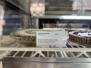 Just a few of the baked offerings — raw key lime pie  at Peacefood Cafe - Downtown in New York City