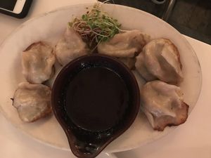 Tofu and mushroom dumplings  at Peacefood Cafe - Downtown in New York City
