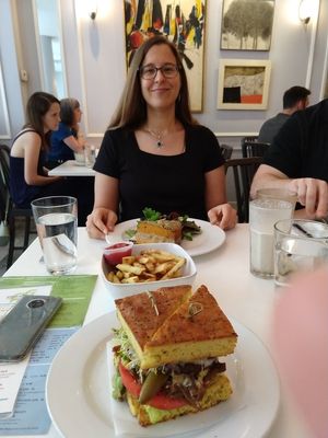 Pumpkin quiche, fries and burger at Peacefood Cafe - Downtown in New York City