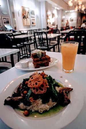 Oyster mushroom with chickpea fingers as side dish at Peacefood Cafe - Downtown in New York City