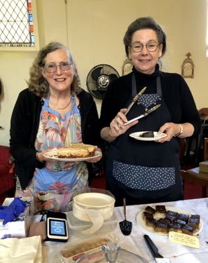 Cake stall held inside the church  at Beechworth Farmers' Market in Beechworth