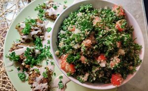 Tabouli (huge portion) with a side of baked falafel. Look how beautifully it is plated. at iCreate Cafe in Pottstown
