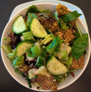 Syrian Salad with falafel and no tomatoes at iCreate Cafe in Pottstown