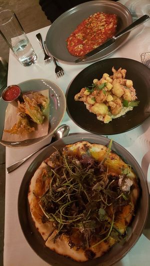 Butternut squash pizza (OMG, so good!), zucchini blossoms (my favorite!), cauliflower peanut appetizer, and chicken scallopini (tastes like chicken) at Crossroads Kitchen in Los Angeles