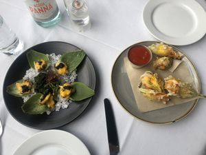 Oysters and zucchini blossoms at Crossroads Kitchen in Los Angeles