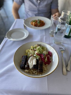 Impossible meat and salad at Crossroads Kitchen in Los Angeles