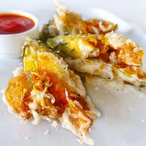 Ricotta Stuffed Zucchini Blossoms  at Crossroads Kitchen in Los Angeles