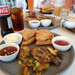 "Chicken" & waffles and stuffed French toast at Crossroads Kitchen in Los Angeles