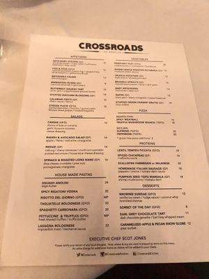 Fall dinner menu (iceberg spelled incorrectly) at Crossroads Kitchen in Los Angeles