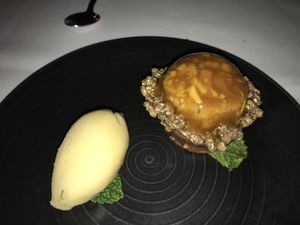 Carmelized apple & pecan snow globe tart w/pear sorbet at Crossroads Kitchen in Los Angeles