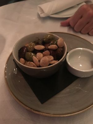 Marinated warm olives at Crossroads Kitchen in Los Angeles