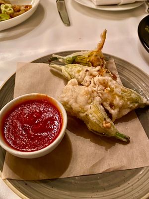 Stuffed Zucchini Blossoms - yum!  at Crossroads Kitchen in Los Angeles