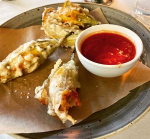 Stuffed Zucchini Blossoms   at Crossroads Kitchen in Los Angeles