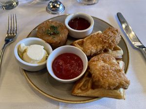 Chickn and waffles and potatoes  at Crossroads Kitchen in Los Angeles