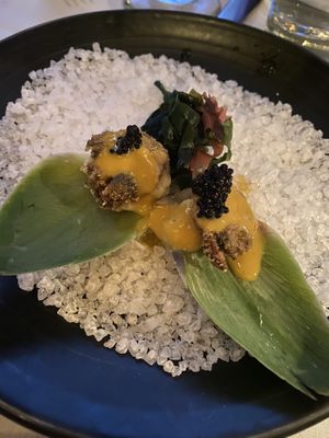 Oyster Mushrooms on Artichoke  at Crossroads Kitchen in Los Angeles