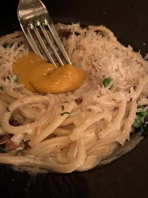 Gross-looking, death-like, ersatz egg yolk.  at Crossroads Kitchen in Los Angeles