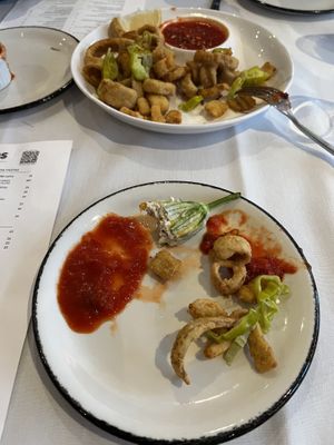 Squash bottoms and vegan calamari. So good!  at Crossroads Kitchen in Los Angeles