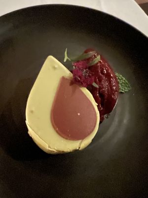 Pear sponge cake with black currants sorbet   at Crossroads Kitchen in Los Angeles