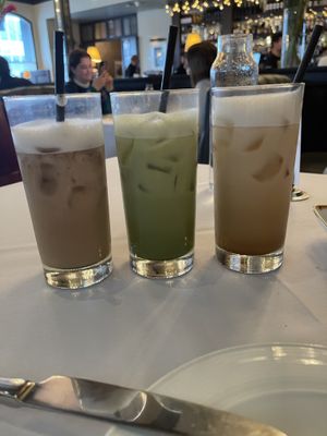Iced vanilla latte, iced mocha, iced matcha latte  at Crossroads Kitchen in Los Angeles