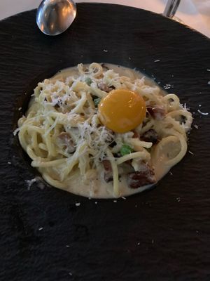 Carbonara, vegan egg yolk on top!  at Crossroads Kitchen in Los Angeles
