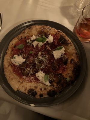 Meatball pizza  at Crossroads Kitchen in Los Angeles