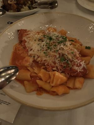 Spicy Vodka Pasta with added chicken parm - super yummy  at Crossroads Kitchen in Los Angeles