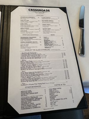 Cocktail menu  at Crossroads Kitchen in Los Angeles