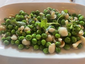 Spring peas and mushrooms  at Crossroads Kitchen in Los Angeles
