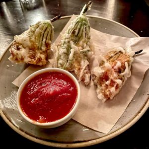 Fried Zucchini Blossoms  at Crossroads Kitchen in Los Angeles
