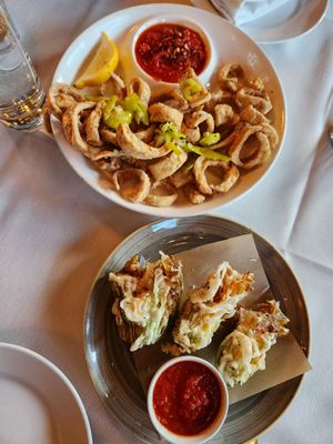Calamari and Filled zucchini at Crossroads Kitchen in Los Angeles