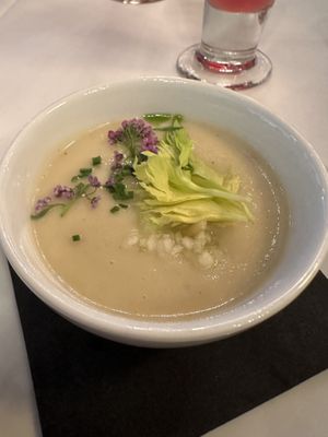 Awesome celery root soup!  at Crossroads Kitchen in Los Angeles