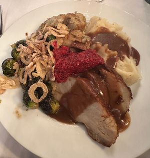 Amazing thanksgiving plate!   I opted for the lions mane, and my friend said the scallopini option was delicious too!  at Crossroads Kitchen in Los Angeles