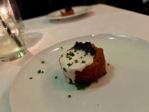 Potato Rosti with Kelp Caviar, almond creme fraiche and chives. at Crossroads Kitchen in Los Angeles