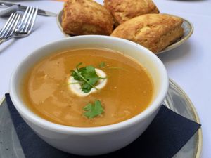 Butternut squash bisque and sweet potato biscuits  at Crossroads Kitchen in Los Angeles