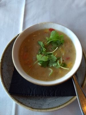 Corn chowder at Crossroads Kitchen in Los Angeles