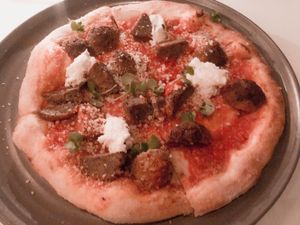 Spicy Meatball pizza at Crossroads Kitchen in Los Angeles