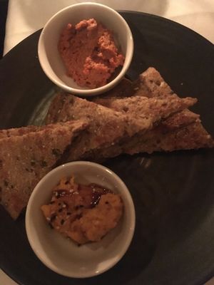 Lentil flatbread with spreads at Crossroads Kitchen in Los Angeles