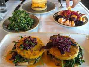 Benedict and impossible sausage English muffin at Crossroads Kitchen in Los Angeles