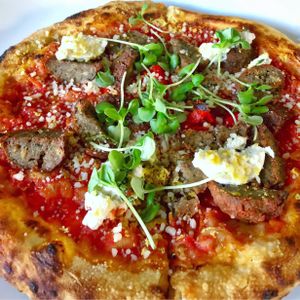 Vegan Spicy Meatball Pizza  at Crossroads Kitchen in Los Angeles
