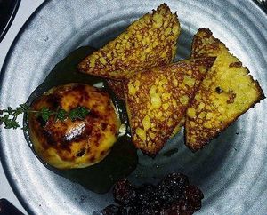 Cheese bread and dried fruit. Dont remember the name of this but menu changes w/the seasons at Crossroads Kitchen in Los Angeles